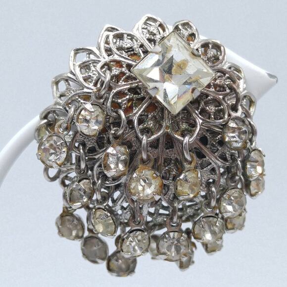 Vintage Waterfall Clip Earrings, Clear Rhinestones, Silver Tone Filigree Dangles - Picture 3 of 10